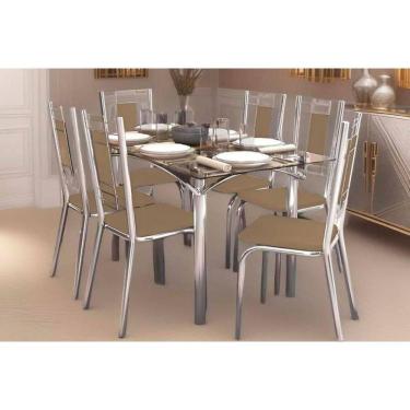 Imagem de Kit 6 Cadeiras Sala Jantar Elba c/ Tampo de Vidro 80x150cm e 6 Cadeiras Florença Cromada - Courano Capuccino - Kappesberg
