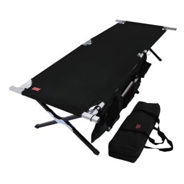 Imagem de Cama de acampamento para adultos – Cama dobrável para dormir – Cama de acampamento militar portátil e acampamento militar – Cama dobrável e resistente dobrável para viagem barraca para caça e mochila – Organizador gratuito e bolsa de armazenamento, Black - Large - 75" x 25"