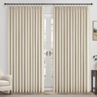 Imagem de Topfinel Cortinas de porta deslizante extra amplas personalizadas, bege creme, plissadas, 100% blackout de linho, cortinas luxuosas com ganchos para pátio, janela grande, trilha, sala de estar, 182 cm