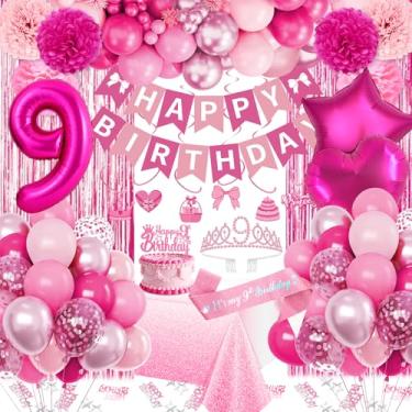 Imagem de Fantspati Decorações De 9º Aniversário Para Meninas, Festa Rosa Com Balão Número 9, Faixa Aniversário, Coroa, Toalha Mesa, Franjas, Cortina, Balões Redemoinhos Pendurar, Menina