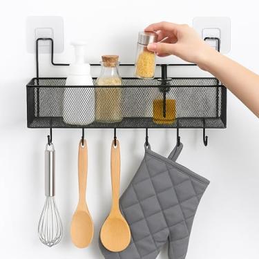 Imagem de Prateleira Organizadora Suspensa Sem Furos Adesiva | Para Banheiro, Cozinha e Escritório | Cesto Aramado Multiuso Preto com Ganchos | Rack Parede Versátil