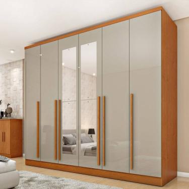 Imagem de Guarda-Roupa Casal 6 Portas 8 Gavetas Puxador MDF 270cmcom Espelho Portugal Espresso Móveis Cinamomo/Off White