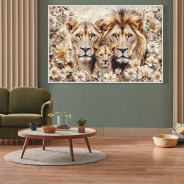 Imagem de Quadro decorativo florido família de Leão com um filhote - MeMoldura, 
