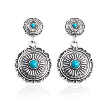 Imagem de Brincos turquesa com pingente de joia feminina ocidental vintage boho acessórios country concerto roupas moda enfeites gota pedra natural terrosa, Metal, Sem pedra preciosa