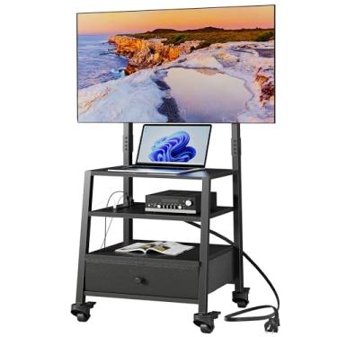 Imagem de GYIIYUO Suporte de TV com suporte e gaveta de tecido para TV de 32 a 75 polegadas - Centro de entretenimento com estação de carregamento e mesa de console de TV industrial para sala de estar, quarto