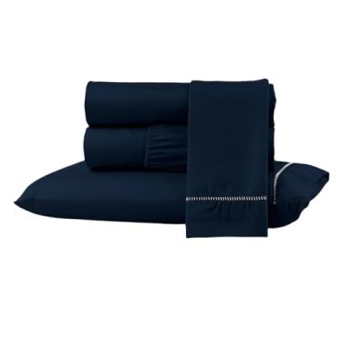 Imagem de Kit Jogo Lençol Cama Box Casal Queen 400 fios Micropercal 03 Peças Ponto Palito (AZUL MARINHO, SOLTEIRO)