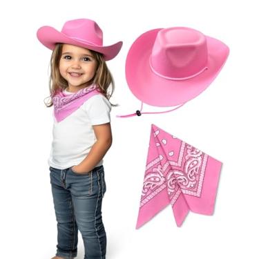 Imagem de SeptCity Chapéu de cowboy e bandana infantil, conjunto de fantasia de cowboy para meninos e meninas, lembrancinhas de festa de rodeio ocidental, acessórios de cosplay para Halloween, aniversário (rosa