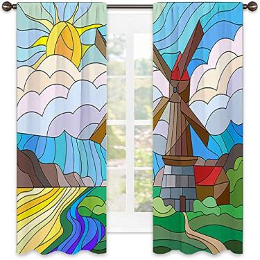 Imagem de Cortinas blackout abstratas com bolso para varão, imagem geométrica colorida fractal, tecido impermeável, para quarto, jardim de infância, sala de estar, L 106 x C 213 cm