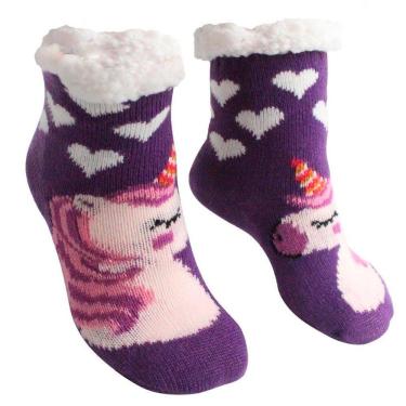Imagem de Meia Infantil Peluciada Antiderrapante Roxa Unicórnio 28 ao 35