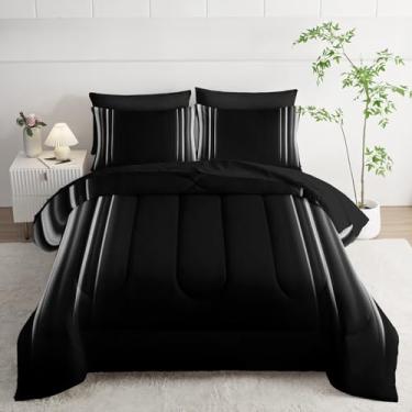 Imagem de Nttopship Jogo de cama casal branco e preto, estilo ombré, abstrato, conjunto de 7 peças em uma bolsa, conjunto de colcha escura, decoração artística de todas as estações, com fronhas, lençol de cima