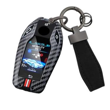 Imagem de HIBEYO Capa de chaveiro de carro adequada para BMW Série 5 6 7 G01 G11 G12 G30 G31 X3 X4 X5 730li 740li 750li Display LCD Metal & Silicone Key Shell Case Key Fob Protector-C Keychain (linhas vermelhas