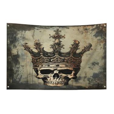 Imagem de Bandeira com quatro furos bandeiras para todos os climas elegante caveira coroa impressa bandeira decorativa bandeiras de poliéster adequadas para uso interno e externo 89 x 159 polegadas