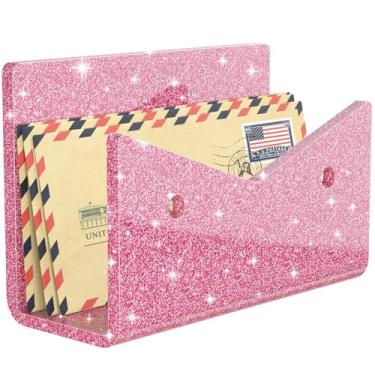 Imagem de Rulyyo Porta-envelope organizador de correio - Suporte de correio de acrílico rosa com glitter para bancada, organizador vertical de mesa, pequeno arquivo, caderno de documentos, classificador de
