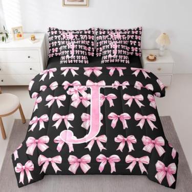 Imagem de Lindo conjunto de edredom de laço rosa e preto com lençóis, tamanho casal, 7 peças, conjunto de cama feminino moderno, monograma, aquarela, letra J, presentes de aniversário, cama em uma bolsa (J)