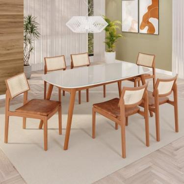 Imagem de Sala de Jantar Mesa 160x76cm Tampo em Mdf com Vidro 6 Cadeiras em mate