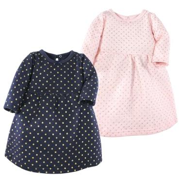 Imagem de Luvable Friends Hudson Baby, vestidos de manga comprida, pacote com 2, Pontos marinhos metálicos, 2 Anos