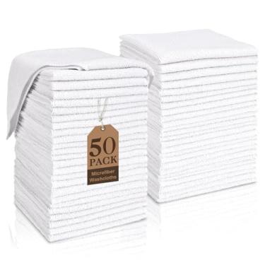 Imagem de TEAWOO Toalhas de banho brancas a granel pacote com 50, toalhas de rosto altamente absorventes e de secagem rápida, toalhas de banho macias, panos de lavagem de microfibra multiuso para banheiro