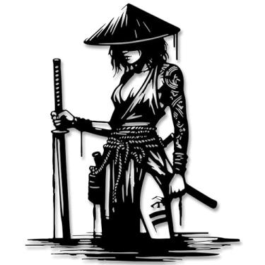 Imagem de Xedatric Arte de parede japonesa, arte de parede de anime, decoração samurai, guerreira preta fosca com escultura de metal Katana | Decoração de casa estilo anime