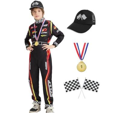 Imagem de aicoaub Fantasia infantil de motorista de carro de corrida para meninos macacão infantil com boné de carro para fantasia de Halloween, Preto, 140 (9-10Y)