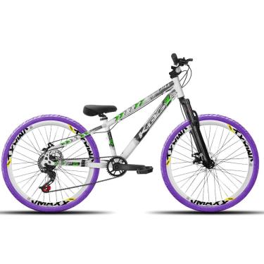 Imagem de Bicicleta KOG Rebaixada 1X7 Freio Disco aro 26 do grau Rodas Vmaxx Pneus Coloridos Wheeling RL BRANCO COM VERDE E ROXO
