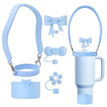 Imagem de SEEZIZI Conjunto de acessórios de laço de silicone Stanley Cup, incluindo alça de alça de garrafa de água, capas de palha fofas reutilizáveis e botas, compatível com Stanley 1,134 g e copo de 850 g