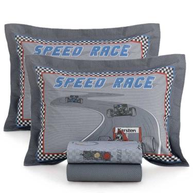 Imagem de Jogo de Lençol Infantil Casal 100% Algodão 200 Fios Speed Race Corrida 4 Peças Karsten