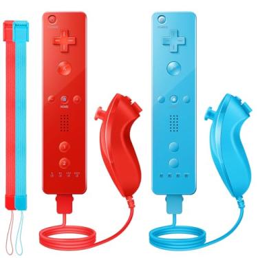 Imagem de VTone 2 pacotes de controlador de gestos e joystick Nunchuck com capa de silicone e alça de pulso compatível com console wii/wii u (vermelho e azul)