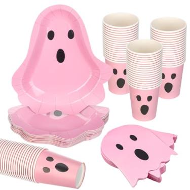 Imagem de Fuutreo 96 peças de utensílios de mesa de festa fantasma de Halloween, incluindo 48 guardanapos de convidados de Halloween, 24 pratos em forma de fantasma, 24 peças de copos de papel descartáveis de