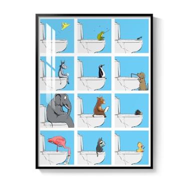 Imagem de Decoração de parede de banheiro engraçada emoldurada, arte moderna divertida azul animal para paredes, linda vaca highland gato elefante pássaro no vaso sanitário imagem decoração de parede para
