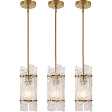 Imagem de Luminária pendente de cristal dourado para ilha da cozinha, mini lustre de vidro ondulado de luxo, luminária pendente ajustável redonda moderna para sala de jantar quarto corredor (pacote com 3)