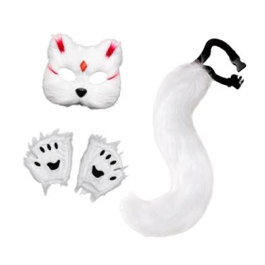 Imagem de Baoblaze Conjunto de máscara e cauda de animal, máscara de gato de Halloween para baile de carnaval, presentes de baile de máscaras, Chip Vermelho Branco