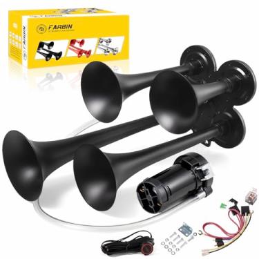 Imagem de FARBIN Buzina de ar de caminhão 150 dB buzina de trem 12 V 4 trompete buzina de carro para caminhão, buzina de ar super alta com compressor para veículo, captador de carro, Jeep SUV barco (preto, 4
