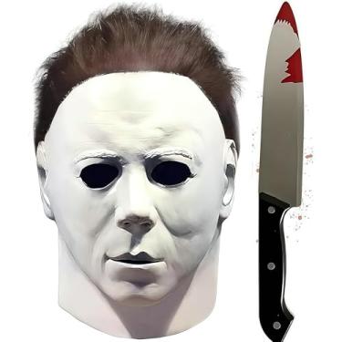 Imagem de OZLON Michael Myers Full Mask with Plastic Knife Latex Halloween Fancy Scary Costume (White Mike & Plastic Knife)