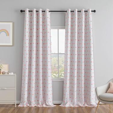 Imagem de MEETSKY Cortinas blackout 100% para quarto de meninas, 248 cm de comprimento, com pompom rosa transparente, cortinas para quarto de bebê, escurecimento total para sala de estar, 2 painéis, ilhós