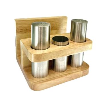 Imagem de Fenteer Conjunto de saleiro e pimenteiro, porta-palitos com base, potes de condimentos com porta-guardanapos para mesa de jantar, restaurantes domésticos, Madeira de aço Inoxidável