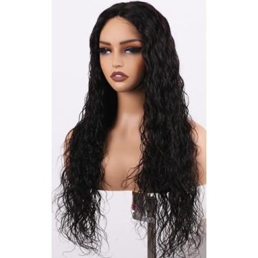 Imagem de ManeMajesty Perucas de cabelo humano sem cola, 76 cm, ondulado, frente de renda, pré-cortado, pré-cortado, parte em T, HD, 180% de densidade, peruca preta natural em camadas