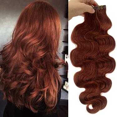 Imagem de Fita ondulada corporal de 56 cm em extensões de cabelo humano para mulheres #33 Dark Auburn Trama de pele sem costura fita adesiva invisível em extensões de cabelo real 20 peças/60 g folha de bordo
