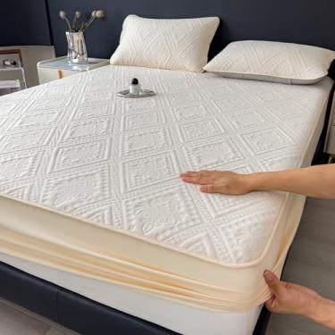 Imagem de Protetor de colchão para todas as estações, lençol com elástico grosso, antiderrapante, capa de colchão, respirável, sem ruído, top de cama de hotel para casa - bege | California King: 200 x 221 cm