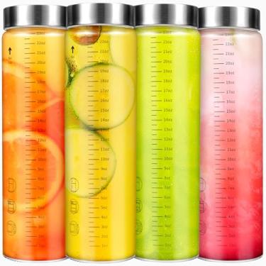 Imagem de WXCWYQR Garrafas de vidro para suco com tampas, garrafas de água de vidro de boca larga de 740 ml, para sucos, proteínas, vitaminas, leite, sem BPA, tampas de aço inoxidável, garrafas coqueteleiras