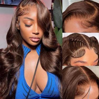 Imagem de Peruca frontal de renda Tiwugi Chocolate Brown Body Wave 24"