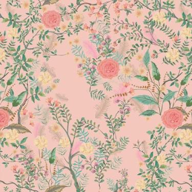 Imagem de VEELIKE Papel de parede floral rosa pêssego, papel de parede vintage chinoiserie para quarto de meninas, banheiro, 48 x 39 cm, autoadesivo, floral, papel de parede para decoração de quarto