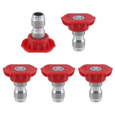 Imagem de FarBoat Canhão de espuma com conector rápido de 1/4 polegada, 7 peças de pontas de bocal de lavadora de pressão vermelhas, aço inoxidável 4000PSI 2,5GPM pontas de bocal de sabão para lavadora, ângulo