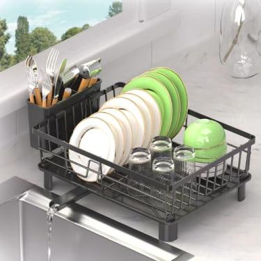 Imagem de AFNGWWIN Escorredor de pratos para balcão de cozinha, coador de pratos de aço inoxidável com suporte de talheres destacável, sistema de drenagem automático, escorredor para casa e apartamento