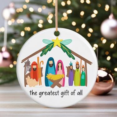 Imagem de Enfeite de Natal de presépio 2025 – Enfeite redondo de cerâmica de 7,6 cm dupla face – Decoração de árvore de férias religiosa com bebê Jesus, Sagrada Família e Homens Sábios – Lembrança de presente