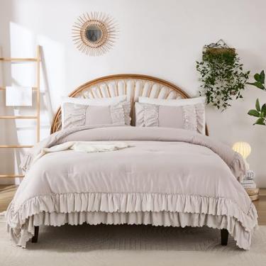 Imagem de Herside Conjunto de cama com edredom queen bege, de algodão, boêmio, babados, fofo, vintage, decoração de casa, casa de fazenda, 3 peças, macio e respirável, conjunto de colcha leve para mulheres e