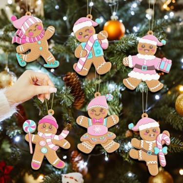 Imagem de Whaline 18 peças de enfeite de pendurar de Natal rosa azul homem de gengibre pingente de bengala doce decoração para pendurar na parede para árvore de Natal, inverno, festas de fim de ano