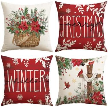 Imagem de OTOSTAR Capas de almofada de Natal 45,7 x 45,7 cm, conjunto de 4 fronhas decorativas Merry Christmas Cardinal Xmas sazonais Hello Winter Holiday Farmhouse Capas de almofada para sofá-cama sofá