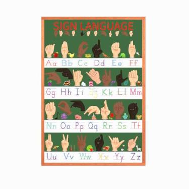 Imagem de SANTSUN Pôster do alfabeto de linguagem de sinais americana para parede de sala de aula, 40 x 61 cm; linha do alfabeto ASL e tabela de sinais básicos para crianças, exibição de decoração de escola