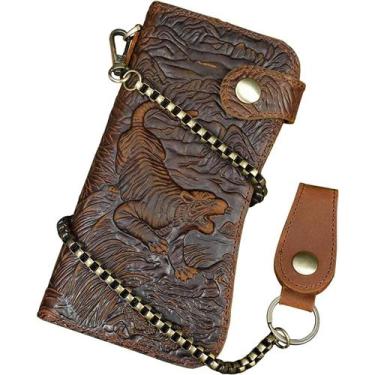 Imagem de Carteira masculina HUOGUO de corrente longa de couro genuíno com bolso