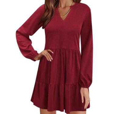 Imagem de Vestido túnica QACOHU 2024 com decote em V e manga comprida vermelho v